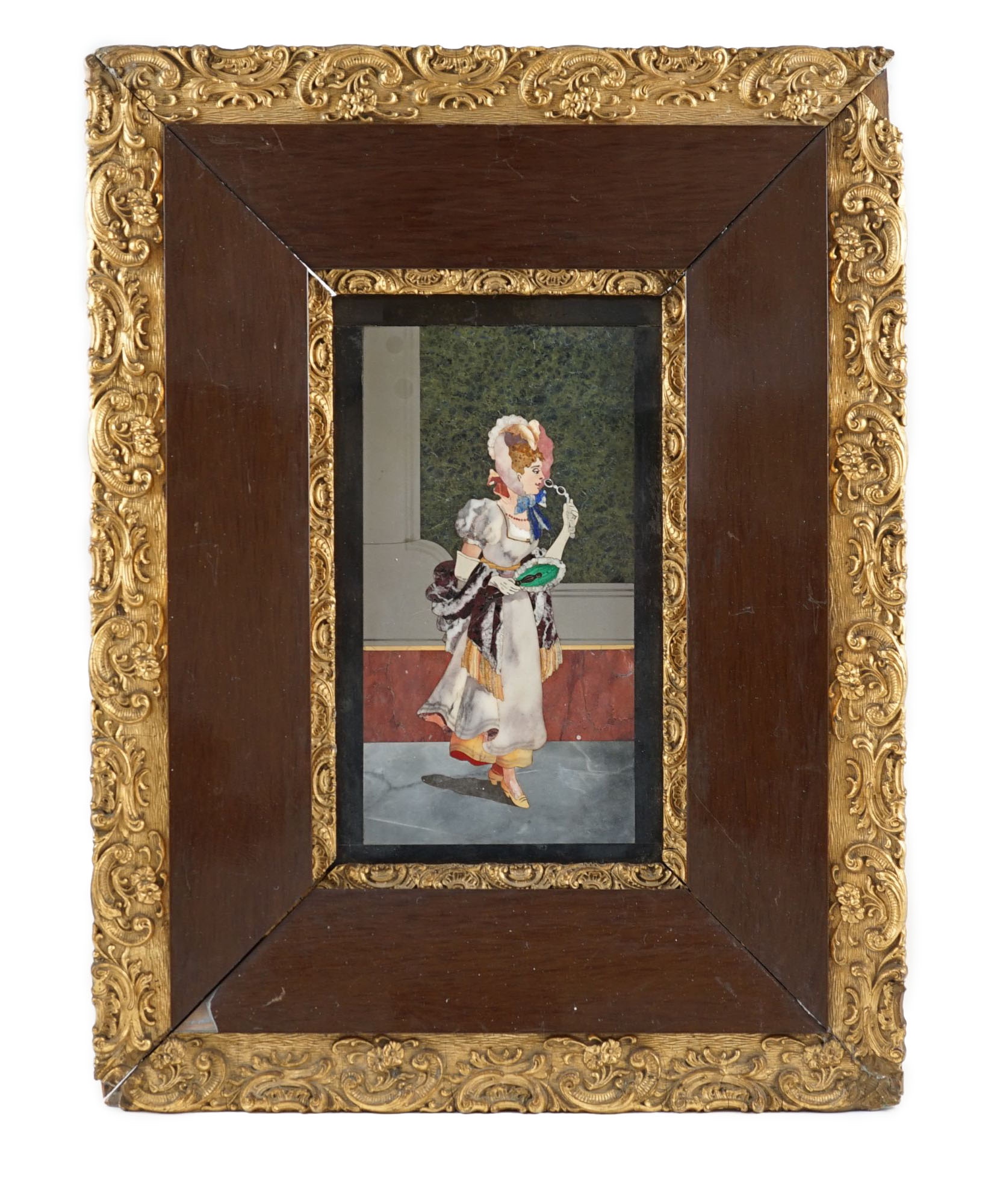 An early 20th century Italian pietra dura plaque depicting an elegant lady, 15 cms wide x 26.5 high, 26 x 15cm